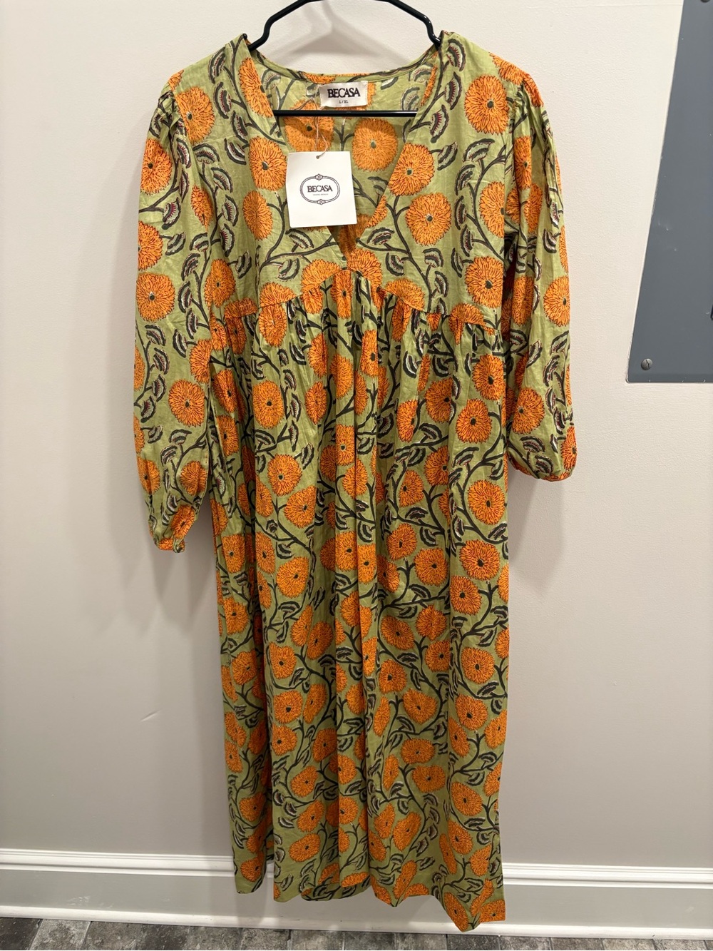 Becasa Green Cabana Dress with Orange Floral Print Size L/XL New With Tags